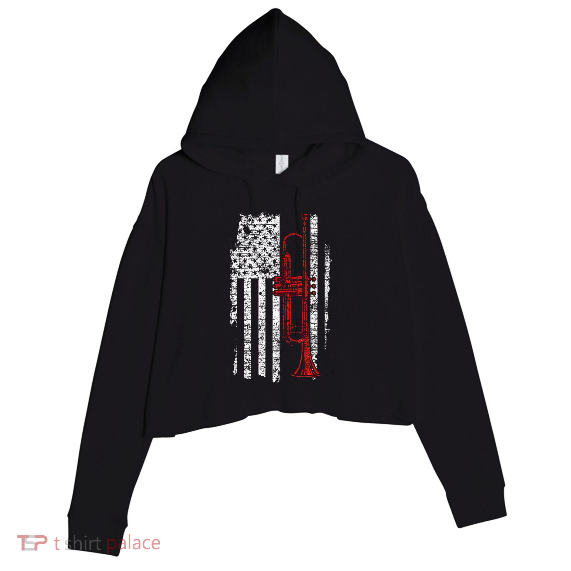 Usa Flag Thin Red Line Jazz Music Gifts Trumpet Crop Fleece Hoodie