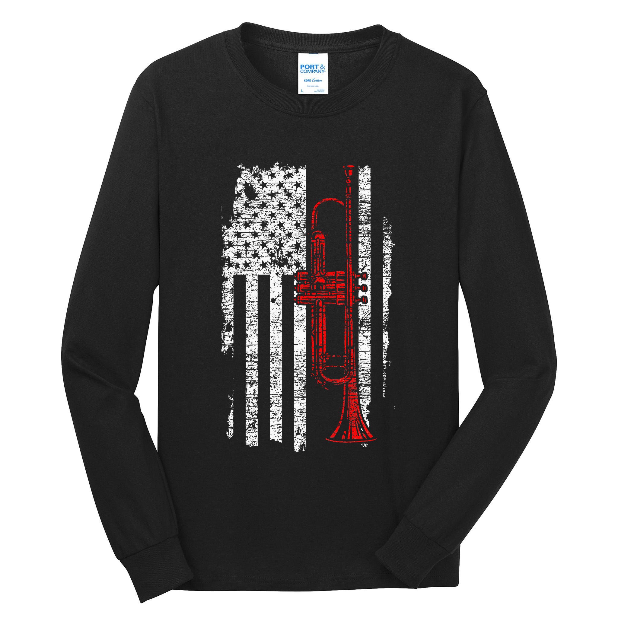 Usa Flag Thin Red Line Jazz Music Gifts Trumpet Tall Long Sleeve T-Shirt
