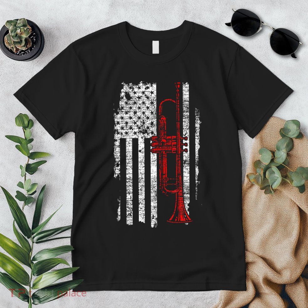 Usa Flag Thin Red Line Jazz Music Gifts Trumpet Premium T-Shirt