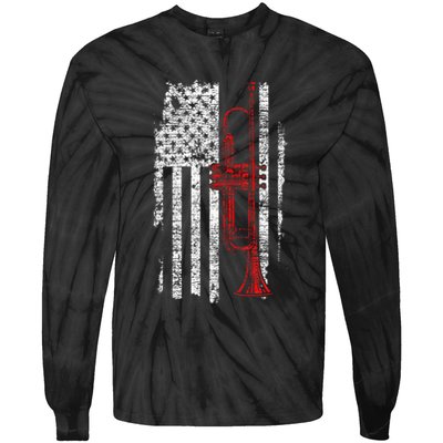 Usa Flag Thin Red Line Jazz Music Gifts Trumpet Tie-Dye Long Sleeve Shirt