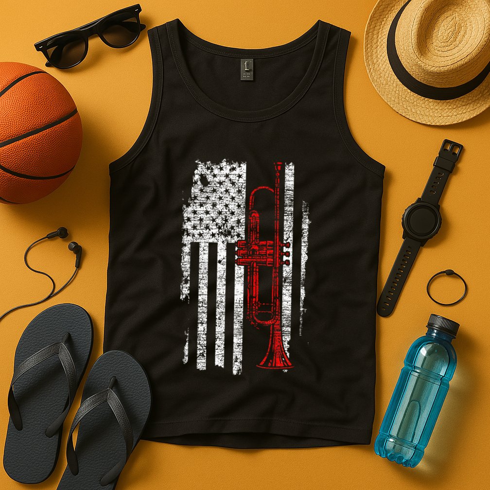 Usa Flag Thin Red Line Jazz Music Gifts Trumpet Tank Top