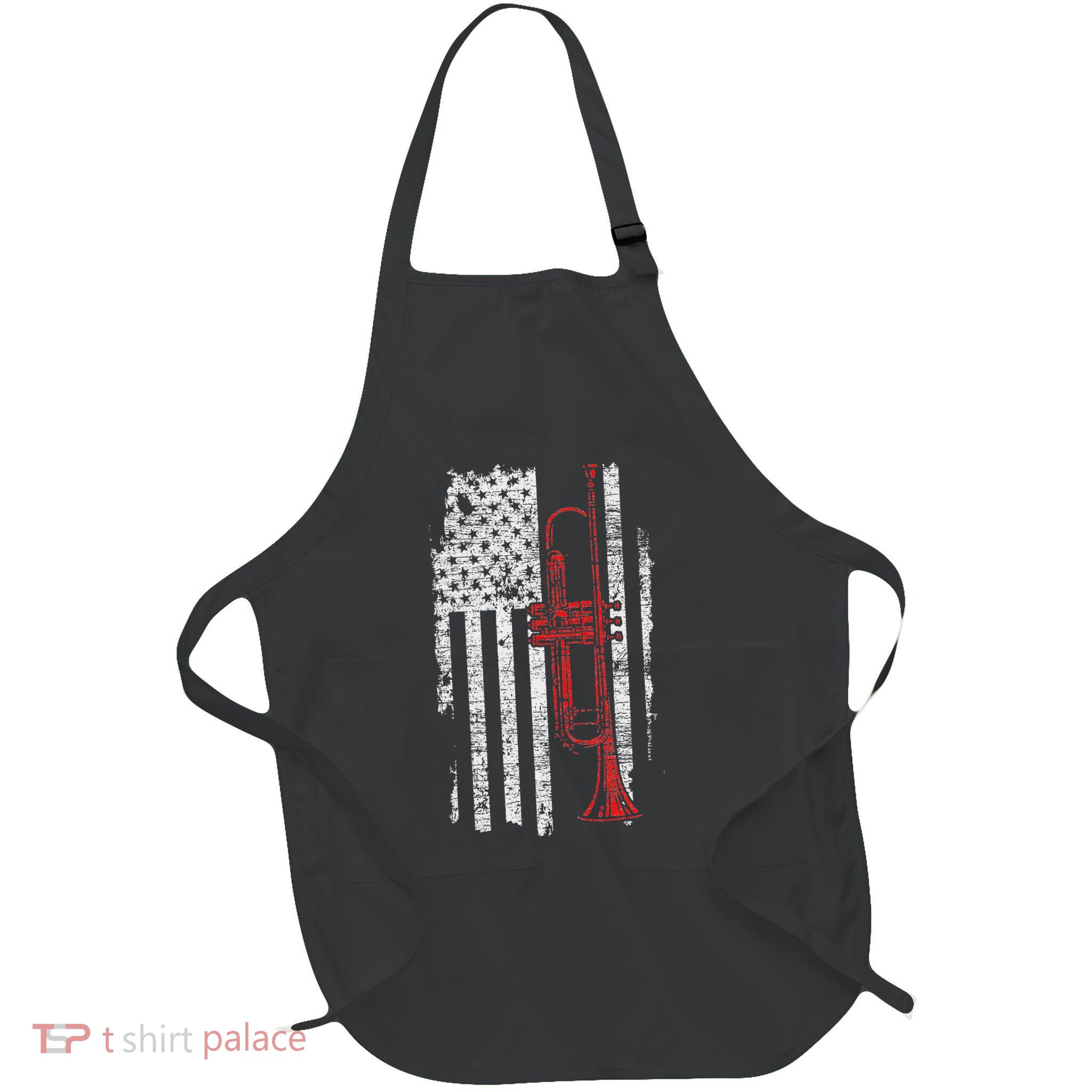 Usa Flag Thin Red Line Jazz Music Gifts Trumpet Full-Length Apron With Pockets