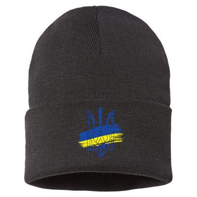 Ukraine Flag Trident Patriotic Ukrainian Heritage Graphic Sustainable Knit Beanie