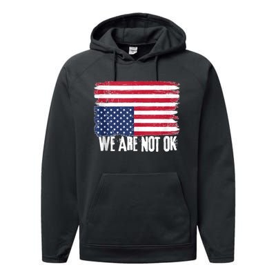 USA Flag Upside Down We Are Not Ok American Flag Distress Performance Fleece Hoodie