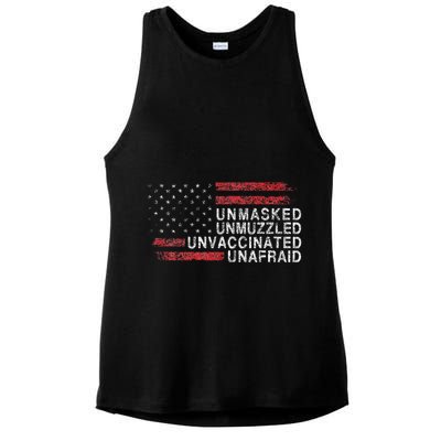 Us Flag Unmasked Unmuzzled Unvaccinated Unafraid Ladies PosiCharge Tri-Blend Wicking Tank