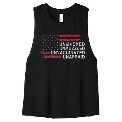 Us Flag Unmasked Unmuzzled Unvaccinated Unafraid Women's Racerback Cropped Tank