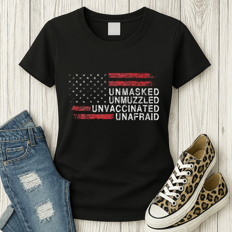 Us Flag Unmasked Unmuzzled Unvaccinated Unafraid Womens T-Shirt