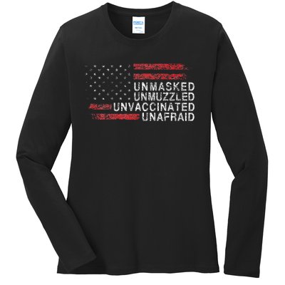 Us Flag Unmasked Unmuzzled Unvaccinated Unafraid Ladies Long Sleeve Shirt