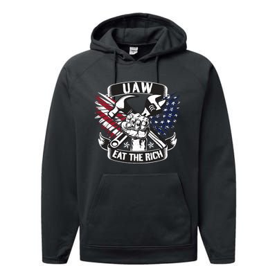 Us Flag Vintage Uaw Eat The Rich Uaw Strong Uaw Proud Union Performance Fleece Hoodie