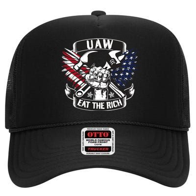 Us Flag Vintage Uaw Eat The Rich Uaw Strong Uaw Proud Union High Crown Mesh Back Trucker Hat