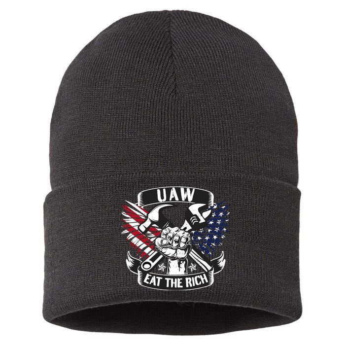 Us Flag Vintage Uaw Eat The Rich Uaw Strong Uaw Proud Union Sustainable Knit Beanie