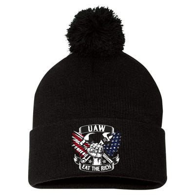 Us Flag Vintage Uaw Eat The Rich Uaw Strong Uaw Proud Union Pom Pom 12in Knit Beanie