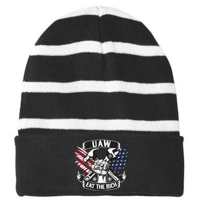 Us Flag Vintage Uaw Eat The Rich Uaw Strong Uaw Proud Union Striped Beanie with Solid Band