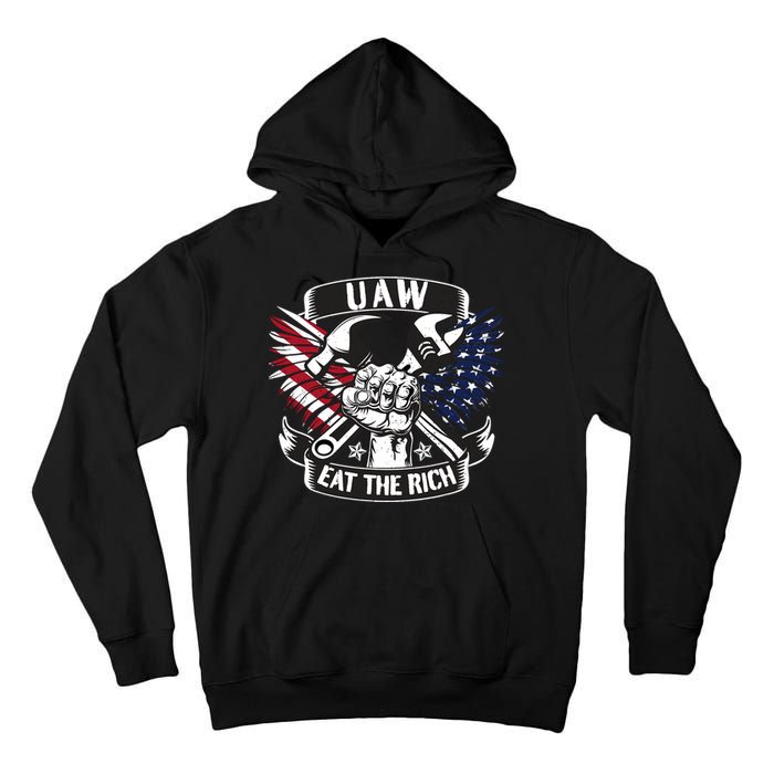 Us Flag Vintage Uaw Eat The Rich Uaw Strong Uaw Proud Union Tall Hoodie