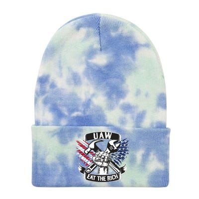 Us Flag Vintage Uaw Eat The Rich Uaw Strong Uaw Proud Union Tie Dye 12in Knit Beanie