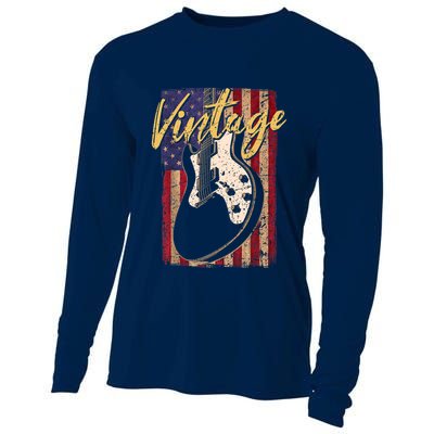 USA Flag Vintage Guitar Patriotic Instrument Cooling Performance Long Sleeve Crew
