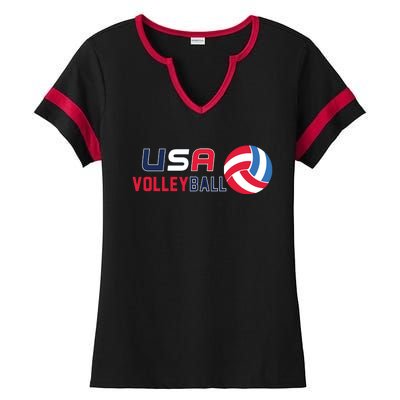 USA Flag Volleyball And Volleyball Ladies Halftime Notch Neck Tee