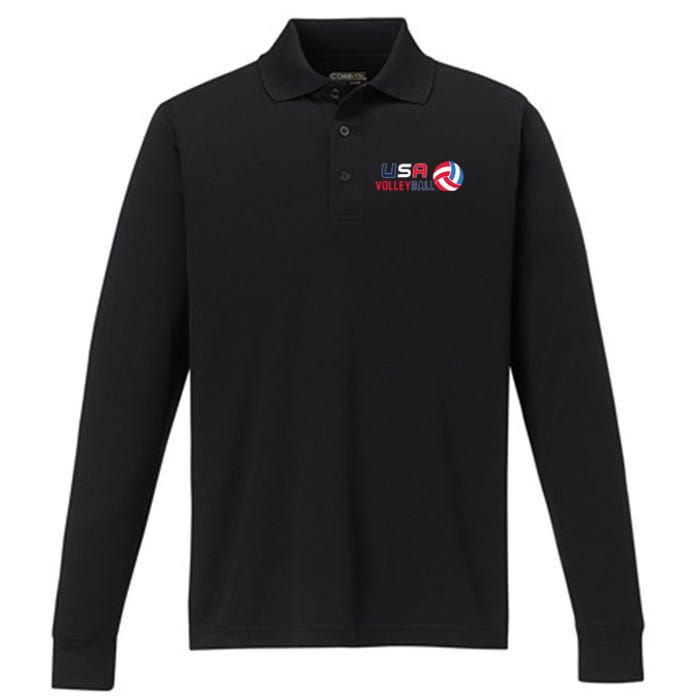 USA Flag Volleyball And Volleyball Performance Long Sleeve Polo