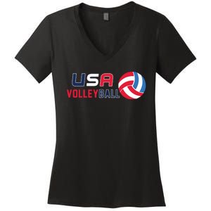 USA Flag Volleyball And Volleyball Women's V-Neck T-Shirt