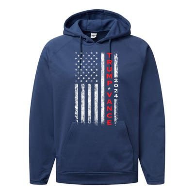 Us Flag Vintage Subdued Vertical Trump Vance 2024 Gift Performance Fleece Hoodie