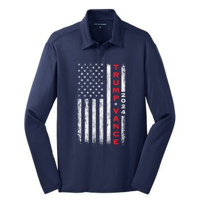 Us Flag Vintage Subdued Vertical Trump Vance 2024 Gift Silk Touch Performance Long Sleeve Polo