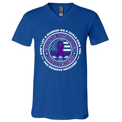 Us Flag With Purple Ribbons For Eating Disorder Awareness Cool Gift V-Neck T-Shirt