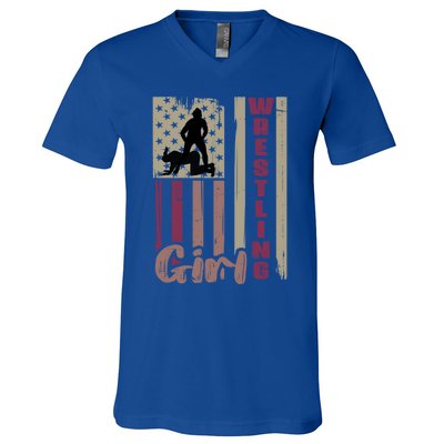 Us Flag Wrestling Wrestler Gift V-Neck T-Shirt