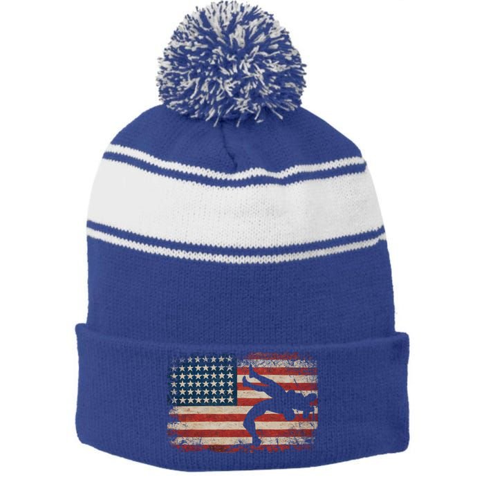 Usa Flag Wrestling American Flag Wrestling Wrestle Gift Stripe Pom Pom Beanie