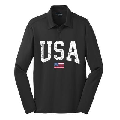 USA Flag Women Men Patriotic American Flag Distressed Silk Touch Performance Long Sleeve Polo