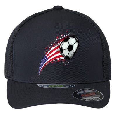 US Flag With A Soccer Ball, Soccer Lovers Flexfit Unipanel Trucker Cap