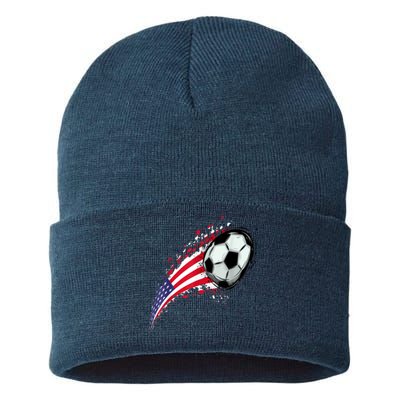 US Flag With A Soccer Ball, Soccer Lovers Sustainable Knit Beanie