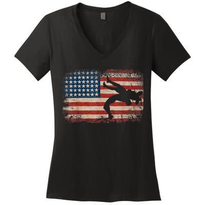 Usa Flag Wrestling American Flag Wrestling Wrestle Women's V-Neck T-Shirt