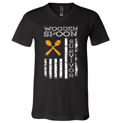 Us Flag Wooden Spoon Survivor Humor Expression V-Neck T-Shirt