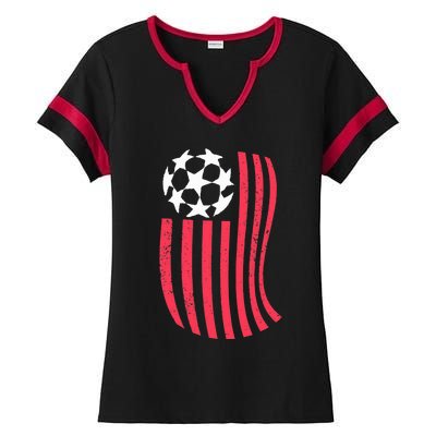 USA Flag With Soccer Ball Distressed Graphic Ladies Halftime Notch Neck Tee