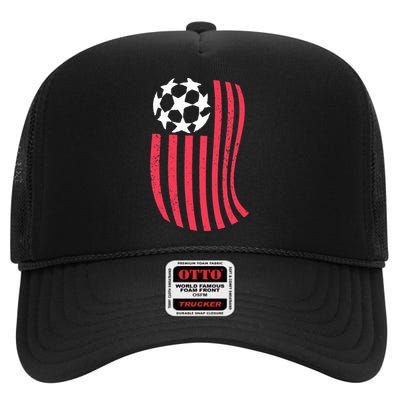 USA Flag With Soccer Ball Distressed Graphic High Crown Mesh Back Trucker Hat