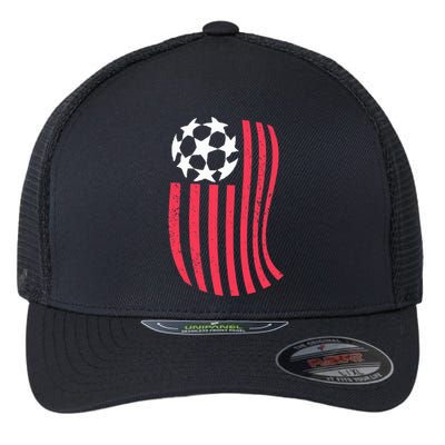 USA Flag With Soccer Ball Distressed Graphic Flexfit Unipanel Trucker Cap