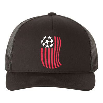 USA Flag With Soccer Ball Distressed Graphic Yupoong Adult 5-Panel Trucker Hat