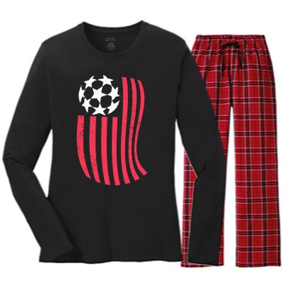 USA Flag With Soccer Ball Distressed Graphic Women's Long Sleeve Flannel Pajama Set 