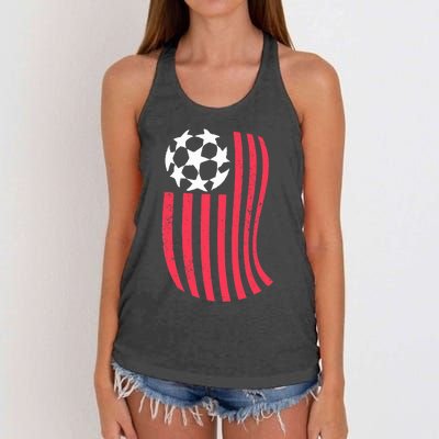 USA Flag With Soccer Ball Distressed Graphic Women's Knotted Racerback Tank