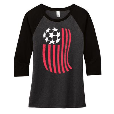 USA Flag With Soccer Ball Distressed Graphic Women's Tri-Blend 3/4-Sleeve Raglan Shirt