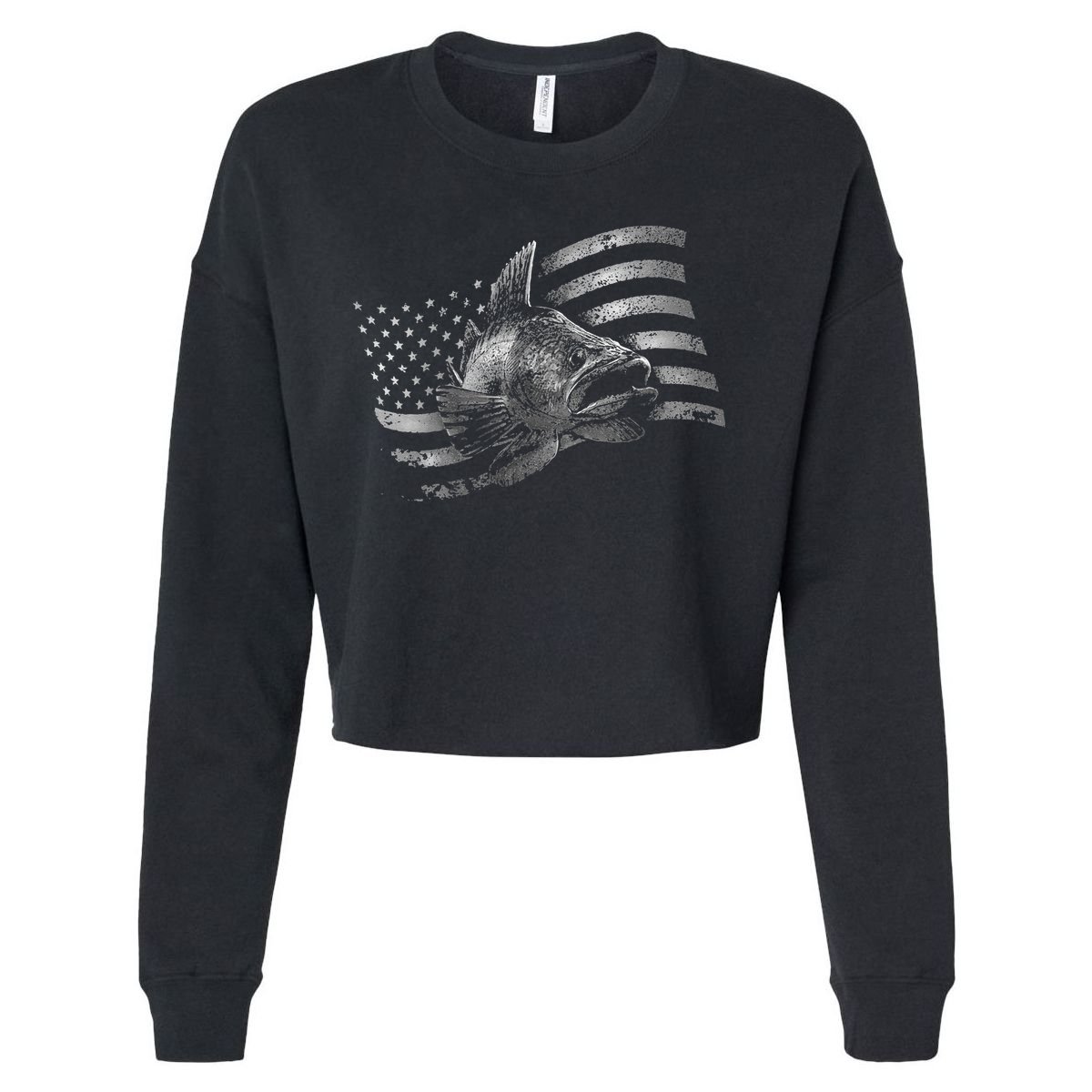 USA Flag Walleye Fishing Design Cropped Pullover Crew