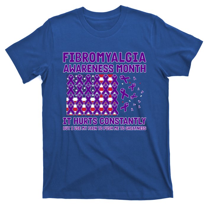 Usa Flag W Purple Ribbons For Fibromyalgia Awareness Month Funny Gift T-Shirt