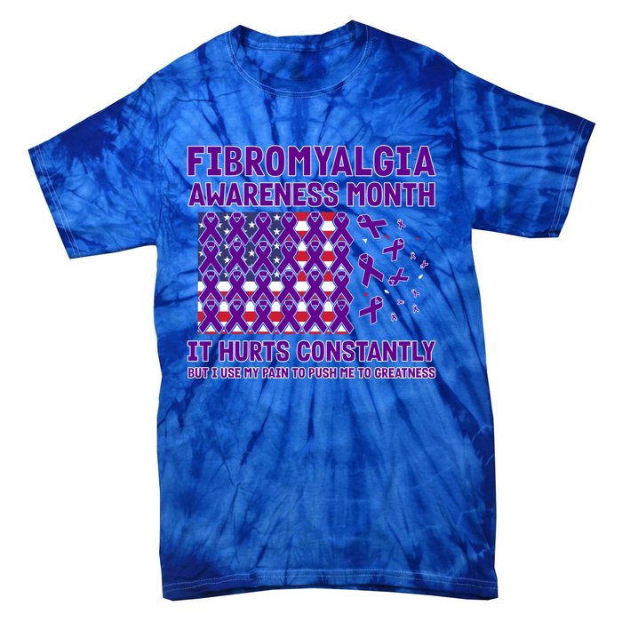 Usa Flag W Purple Ribbons For Fibromyalgia Awareness Month Funny Gift Tie-Dye T-Shirt