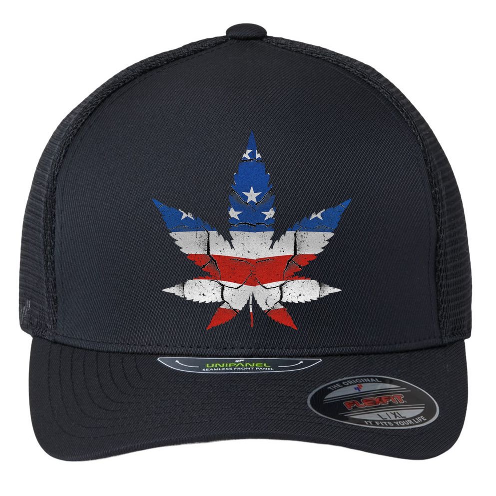 Usa Flag Weed Leaf Fourth Of July American Flag Marijuana Gift Flexfit Unipanel Trucker Cap