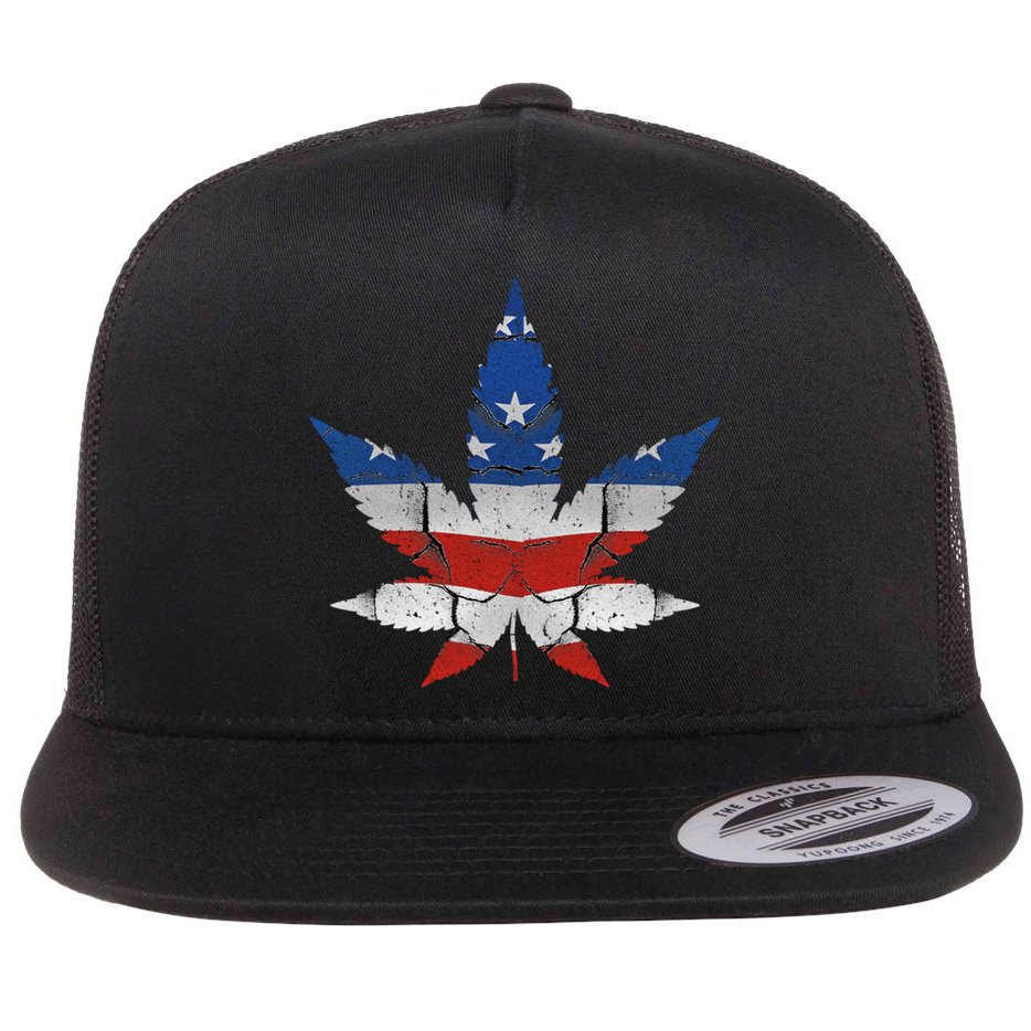 Usa Flag Weed Leaf Fourth Of July American Flag Marijuana Gift Flat Bill Trucker Hat