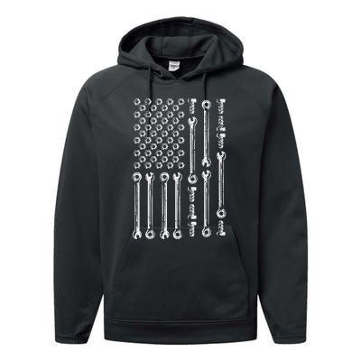 Usa Flag Wrenches Car Auto Mechanic Garage Patriotic Dad Performance Fleece Hoodie