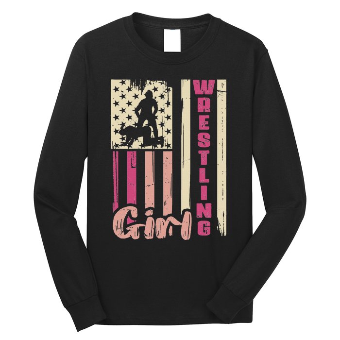 Us Flag Wrestling Girl Girl Wrestler Long Sleeve Shirt