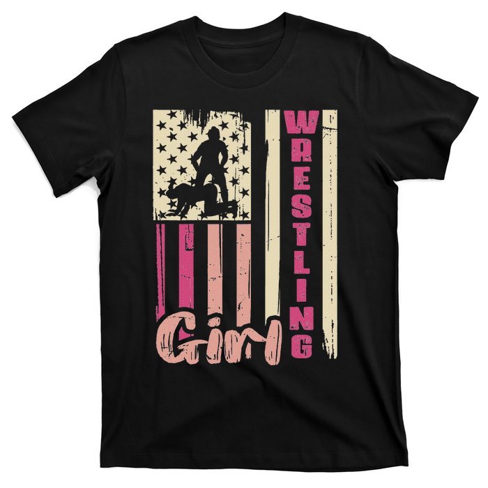 Us Flag Wrestling Girl Girl Wrestler T-Shirt