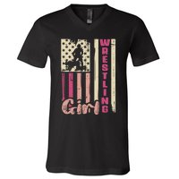 Us Flag Wrestling Girl Girl Wrestler V-Neck T-Shirt