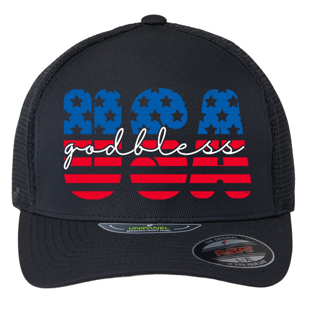 USA God Bless Patriot Celebration Flexfit Unipanel Trucker Cap